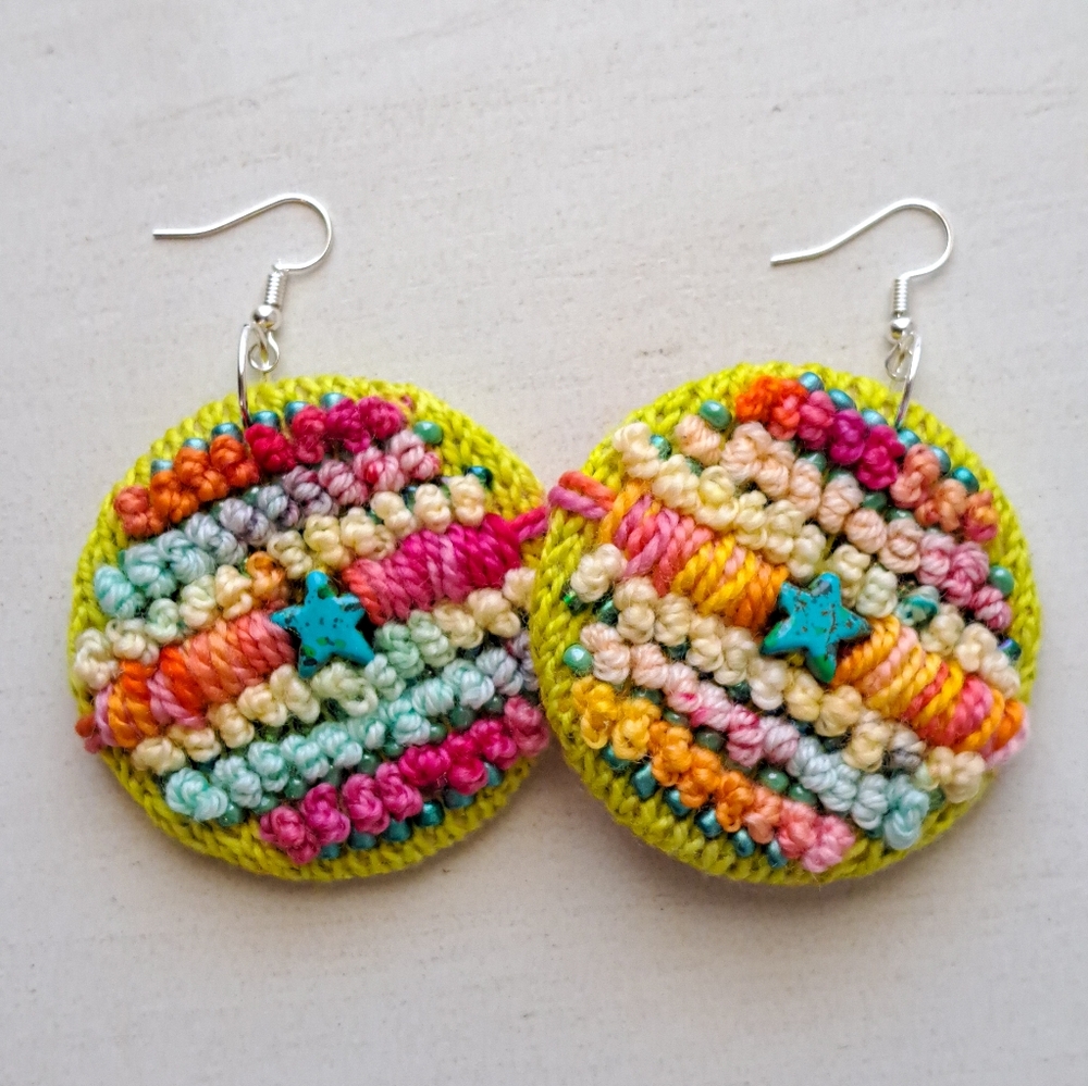Hand Crafted Multicolor Crochet Round Earrings with Teal Star Accent - Picture 13 of 16